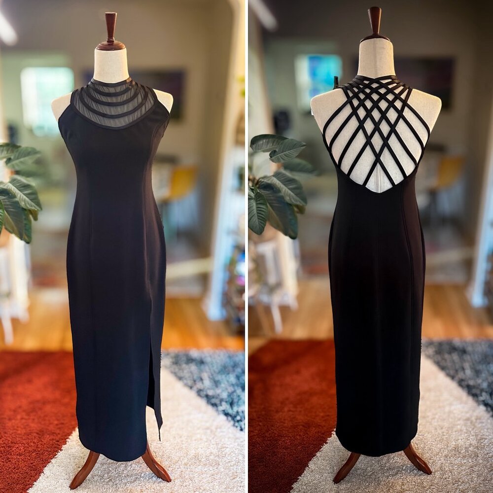 Vintage 1990s Côte à Côte Black Maxi Dress – Sheer Mesh & Strappy Back | Size M